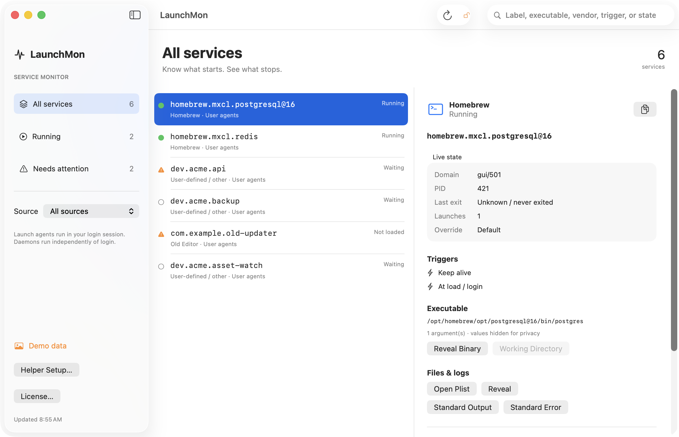 LaunchMon inventory with running PostgreSQL and Redis services.